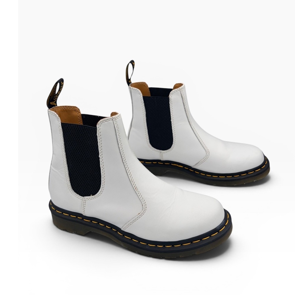 Dr. Martens 2976 Chelsea Boots Sz 9 Women White Leather Ankle Boot Yellow Stitch